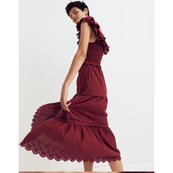 Madewell Lucie Eyelet Ruffle Midi Dress Size 10 Vintage Mulberry Cotton Boho - Picture 2 of 13